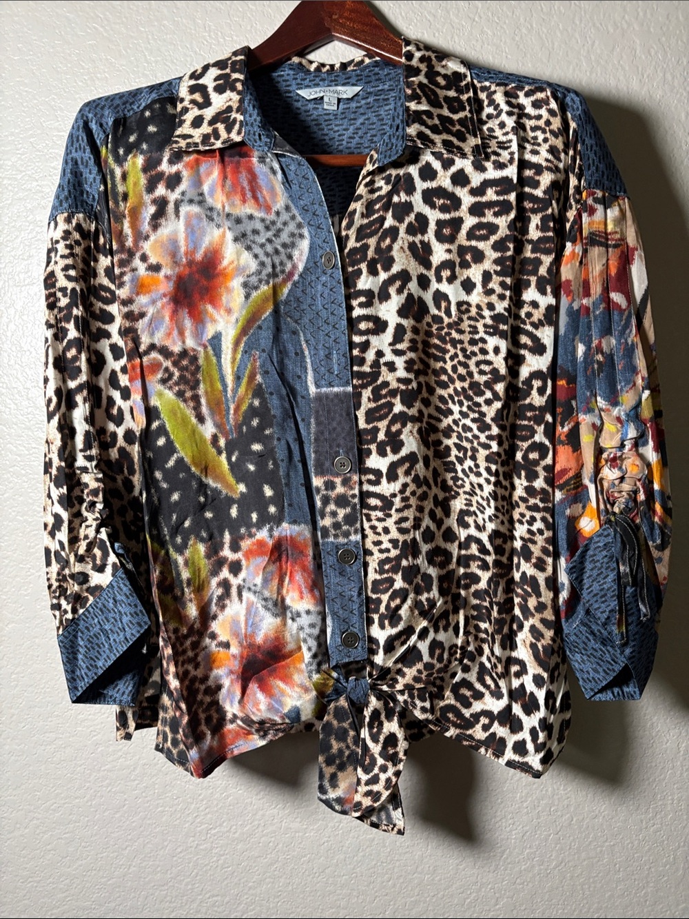 John Mark Mixed-Print Button Front Jacket in Blue, Black, Brown